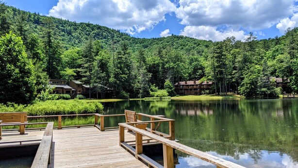 A wooden dock leading to a calm lake surrounded by dense forest and lodge buildings. - King Ensuite+Resort Access 1.5m+Waterfalls/hiking (Sapphire)