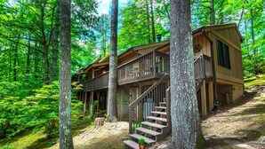 A cabin with a wooden staircase leading to a deck, surrounded by tall trees in a forest. - King Ensuite+Resort Access 1.5m+Waterfalls/hiking (Sapphire)