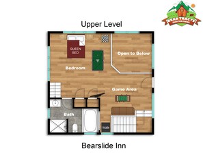 A floor plan of the Bearslide Inn with a queen bed, bathroom, game area, and an arcade.