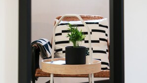 A chair with a black and white patterned cushion, a small round table with a black pot and a plant, and a black floor rug. - Regouro - an Hidden Gem in Douro Valley (Cinfães)