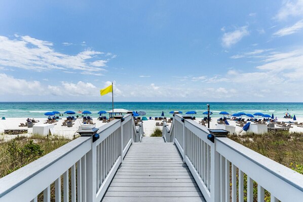 On the beach, sun-loungers, beach towels