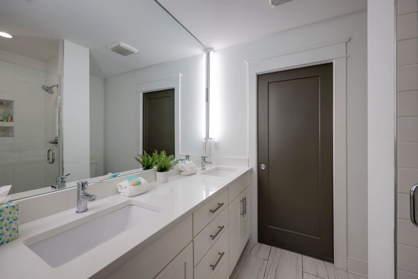 A modern bathroom with a large mirror, two sinks, a dark door, and a small plant on the counter.