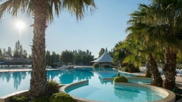 A swimming pool with palm trees and a gazebo in the background. - Mobile home from 2022 at La Carabasse campsite (Vias)