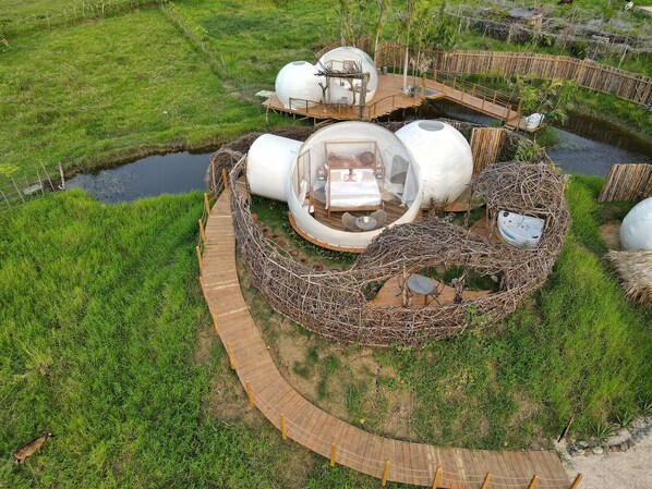 A unique eco-friendly accommodation with spherical structures, a wooden deck, and a surrounding natural landscape.