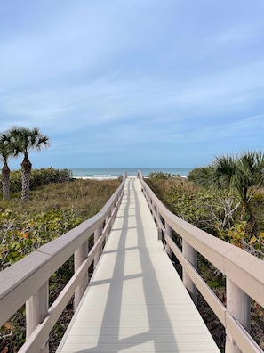 On the beach, sun-loungers, beach towels