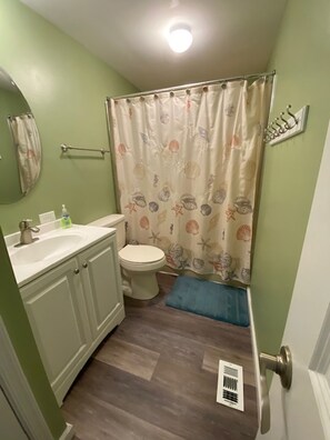 Bañera, secador de pelo, jabón, papel higiénico