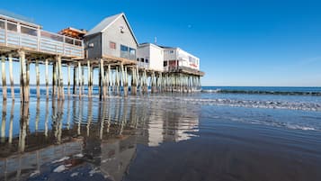 On the beach, sun loungers