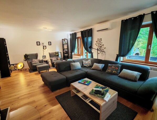 Smart TV, fireplace, DVD player, books