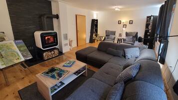 Smart TV, fireplace, DVD player, books