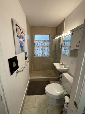 Shower, hair dryer, toilet paper