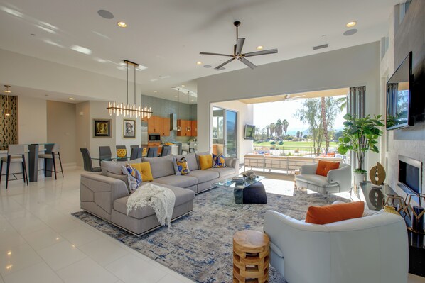 TV, fireplace, books, stereo