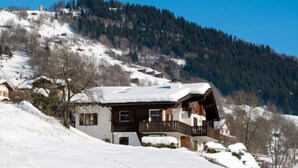 A chalet-style house with a wooden exterior and a balcony, surrounded by snow-covered ground and trees, set against a backdrop of a forested mountain. - Wohnung Nr.2 by Interhome (Schluein)