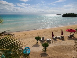 On the beach, sun-loungers, beach towels