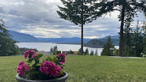 Une plante en pot, ornée de fleurs roses, se trouve dans un espace verdoyant, avec un lac et des montagnes en arrière-plan.