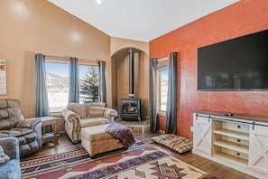 TV, fireplace, DVD player, foosball