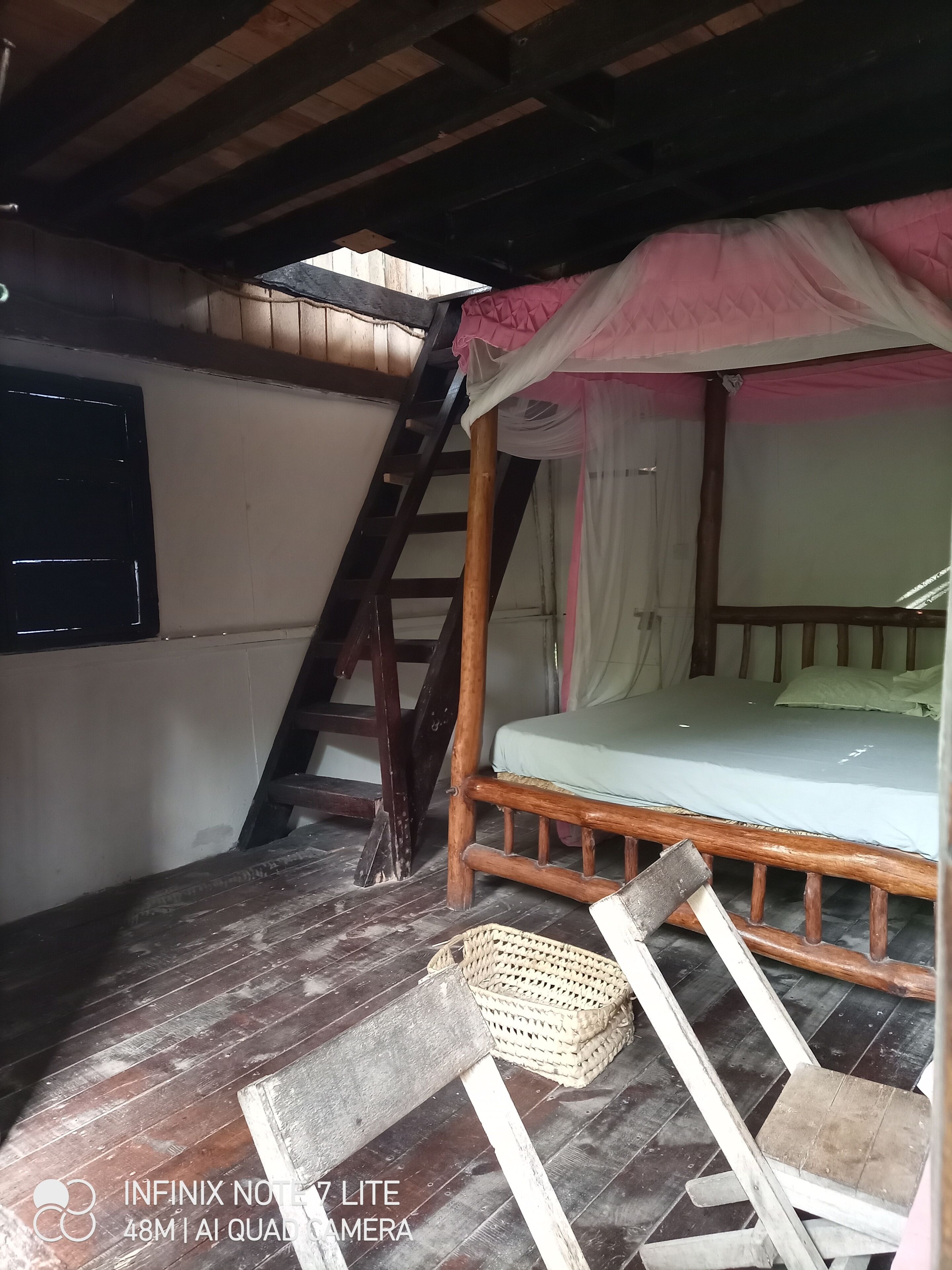 A room with a wooden ladder, a bed with a pink canopy, a window, and a wooden floor.