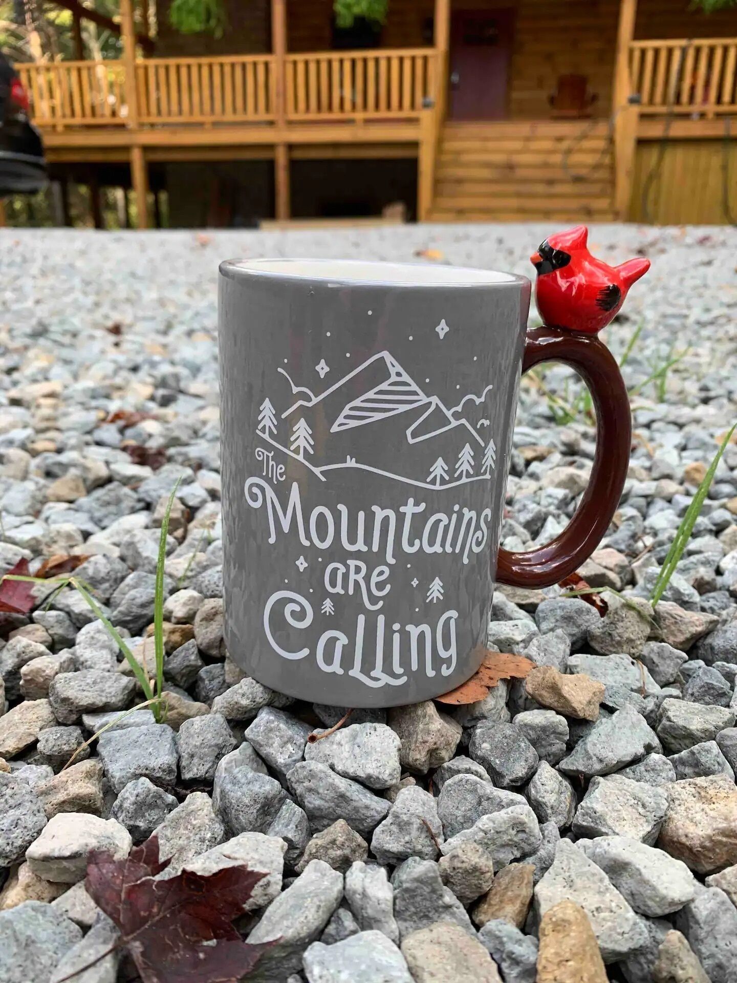 Eine graue Tasse mit Bergbild und der Aufschrift "Mountains are calling" auf einer felsigen Oberfläche.