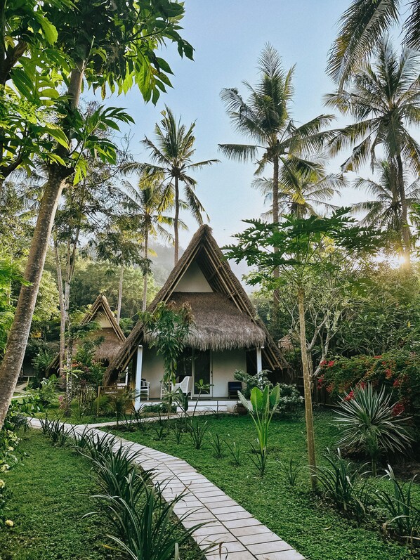 Un bungalow au toit de chaume, entouré d’une végétation luxuriante et de palmiers.