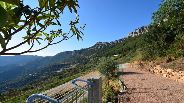 A scenic overlook with a metal railing, a stone wall, and a view of a valley and mountains.