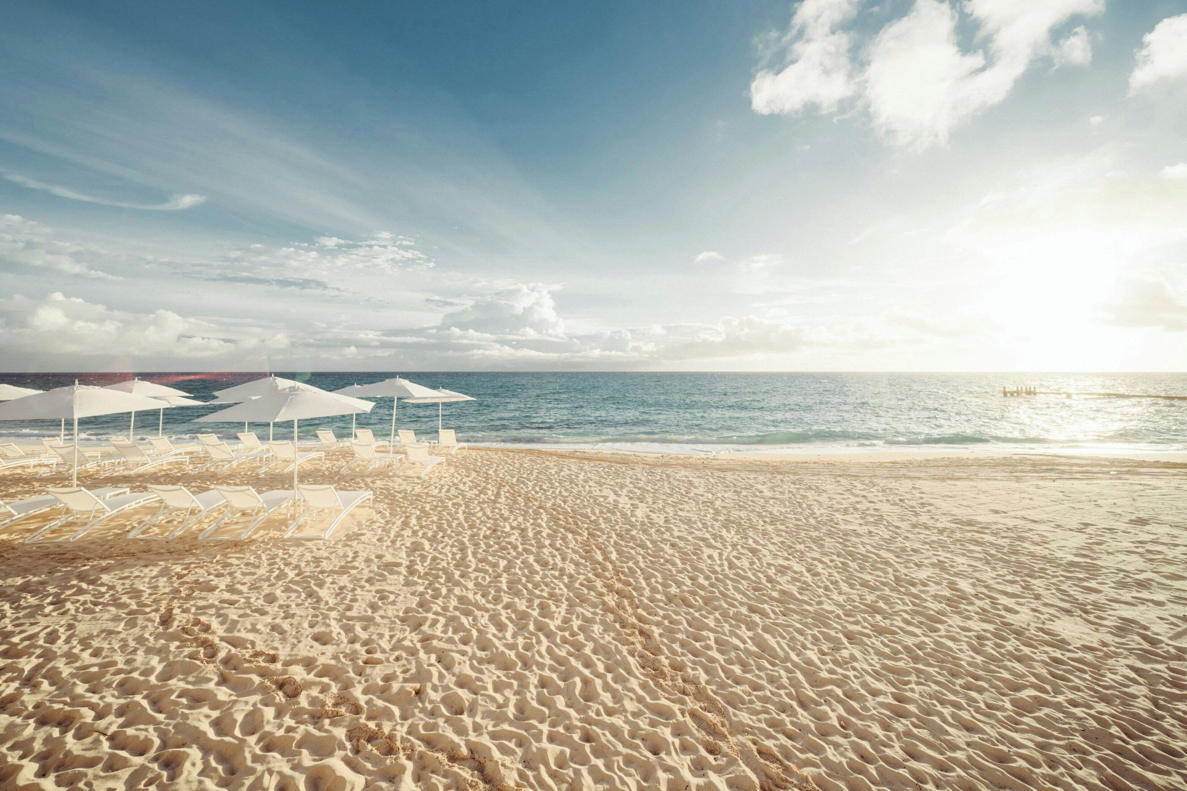 A beach with white umbrellas and lounge chairs.