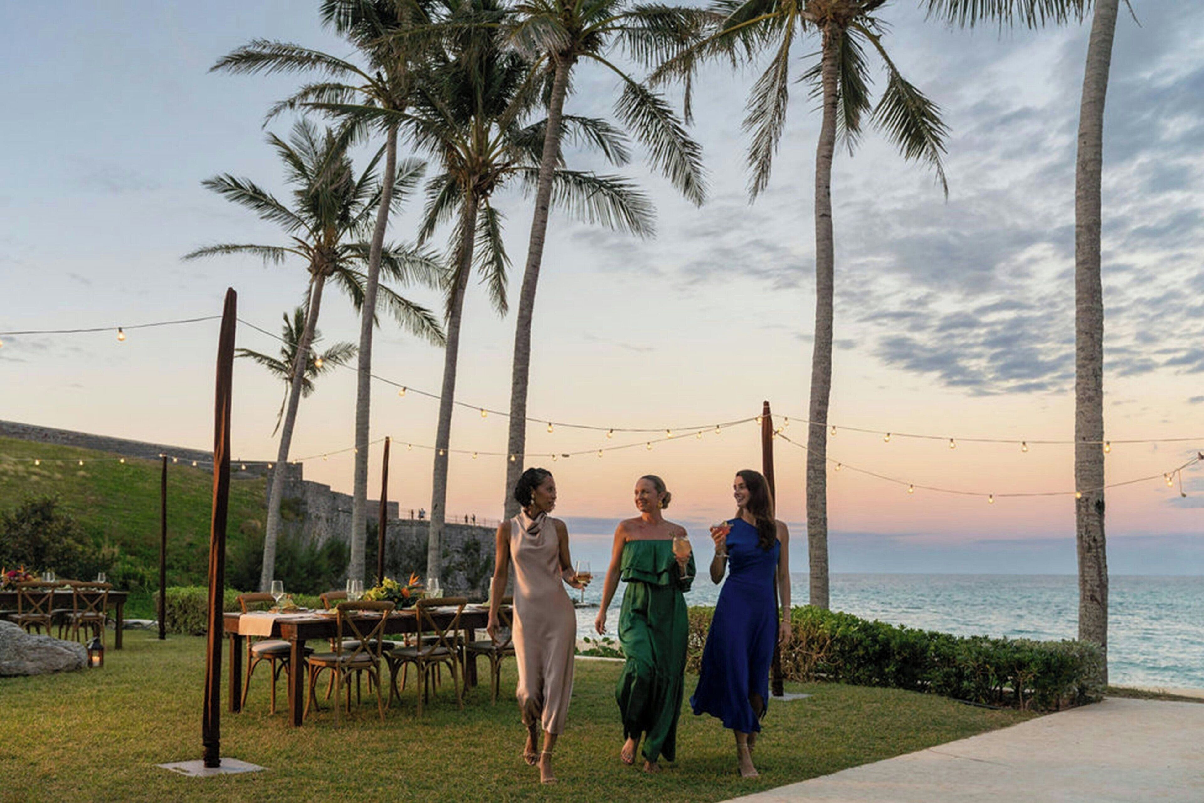 A coastal outdoor dining area with palm trees, string lights, and a view of the ocean.