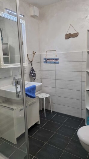 Shower, hair dryer, soap, toilet paper