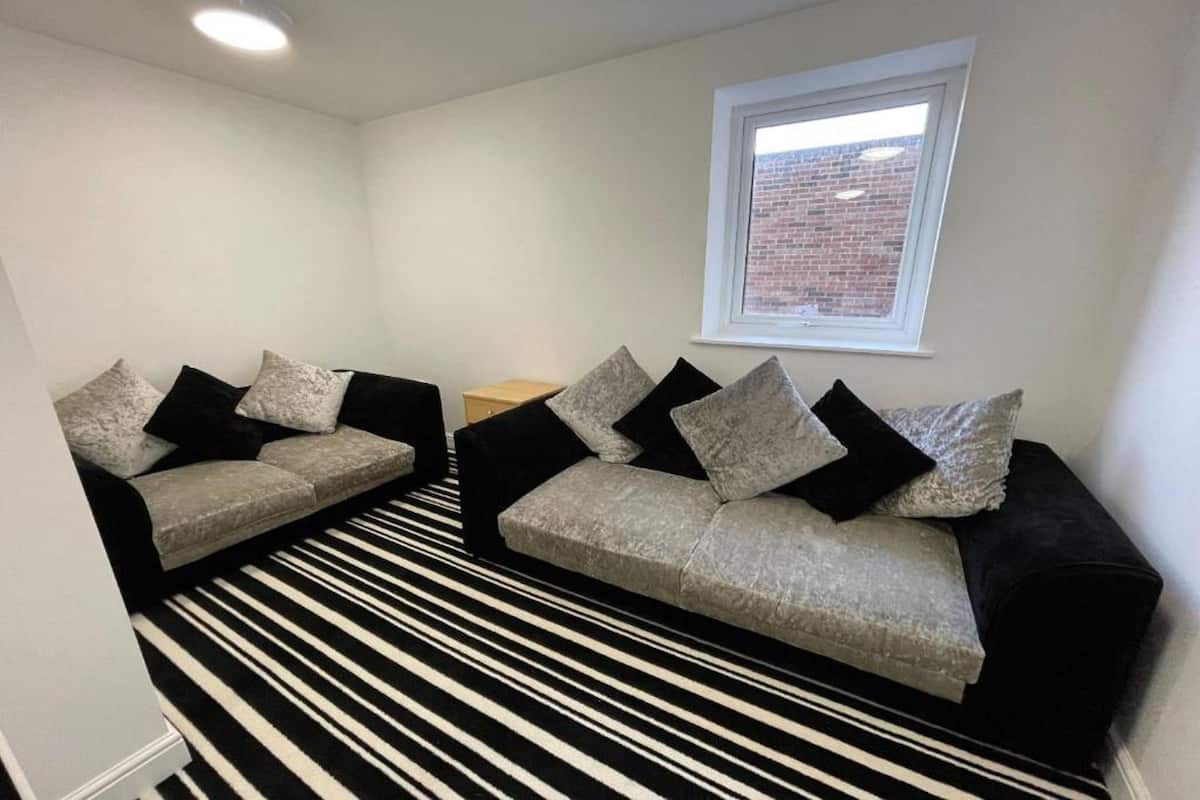 A room with two grey sofas, black and grey cushions, a black and white striped rug, and a window with a brick wall view.