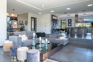 Luxury Villa, 6 Bedrooms, Private Pool, Mountain View | Living area | 32-inch flat-screen TV with satellite channels, TV, fireplace - Villa Vega (Platanias)