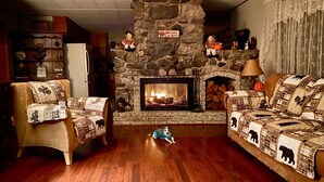 Un salón acogedor con chimenea de piedra, dos sillones con mantas estampadas y un perro en el suelo.