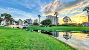 A park with a bridge, a pond, and tall buildings in the background.
