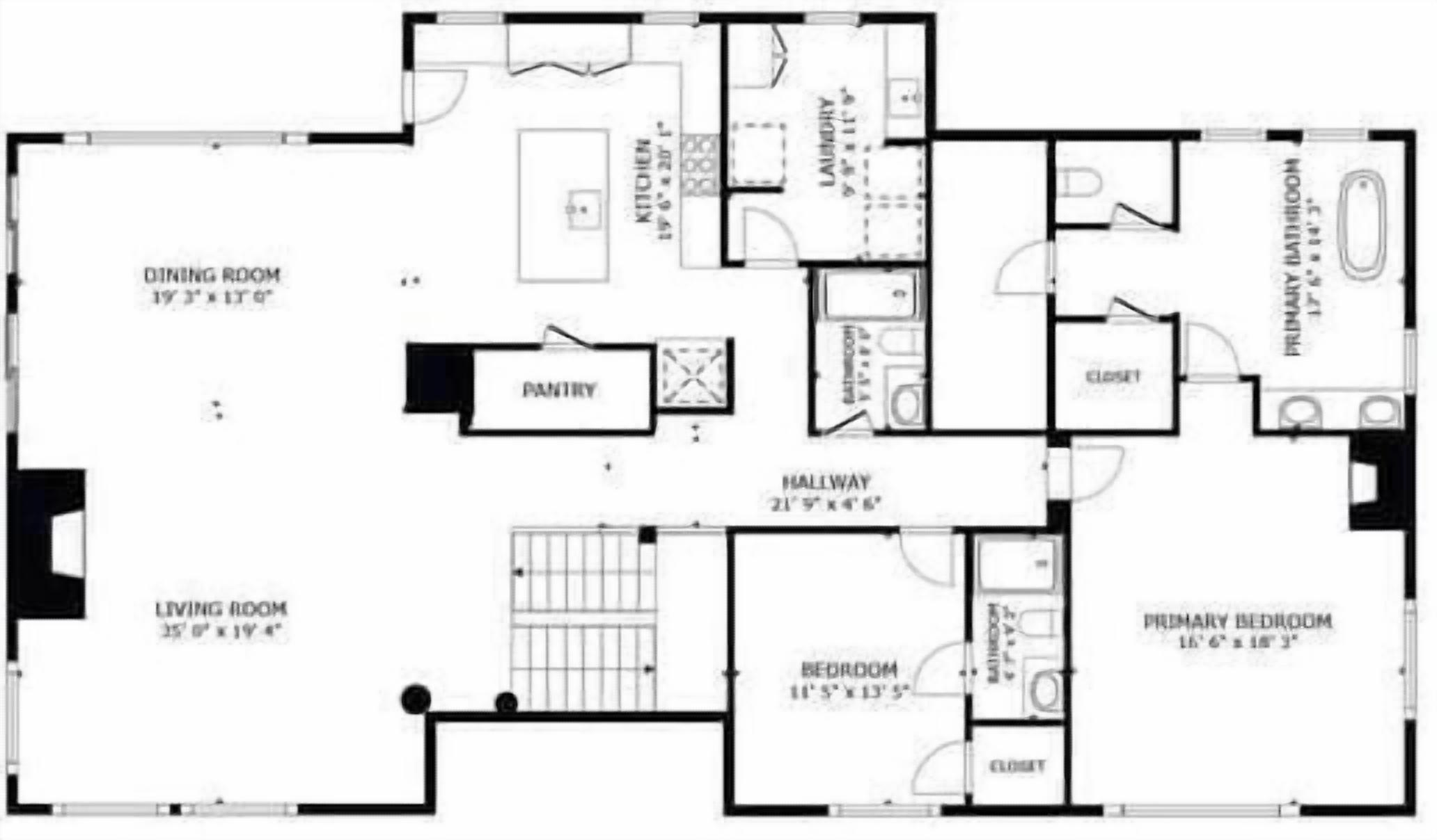 Un plan d’étage comprenant une salle à manger, une cuisine, un salon, deux chambres, une salle de bain et un couloir.
