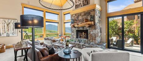 テレビ、暖炉、書庫、ステレオ