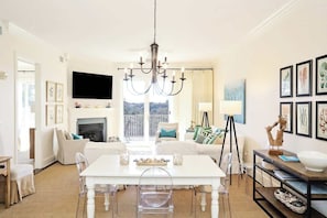 Flat-screen TV, fireplace, offices