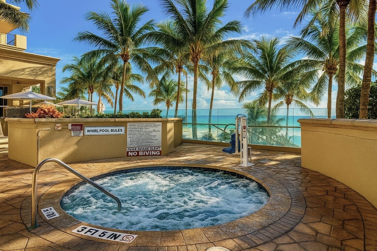 A whirlpool pool with a view of the ocean and palm trees.