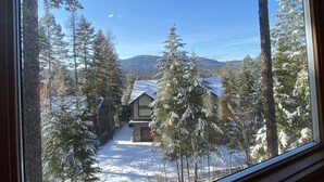 Vista desde una ventana de una casa rodeada de árboles nevados y un cielo despejado.