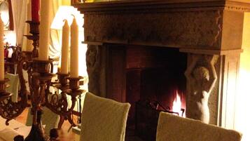 Fernseher, Kamin, Bücher, Arbeitsbereiche