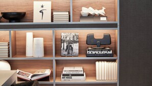 Una estantería con varios libros, objetos decorativos y una máquina de escribir antigua.