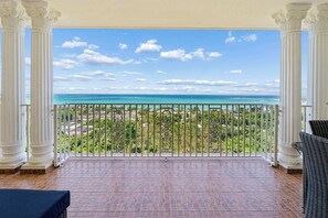 A balcony with a view of the ocean and greenery.