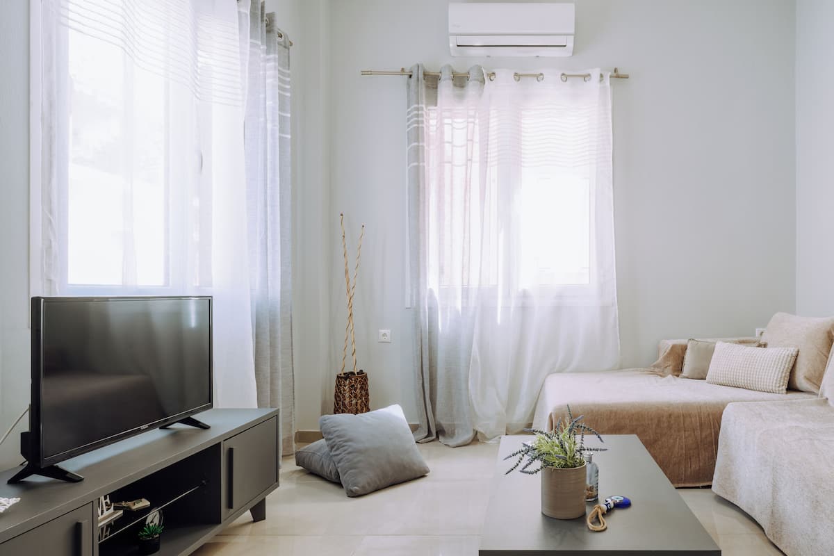A modern living room with a flat-screen TV, a sofa, a coffee table with a plant, and sheer curtains.