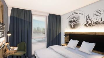 Habitación de hotel con cama, escritorio con computadora portátil, silla, ventana con cortinas y mural de paisaje urbano en la pared.