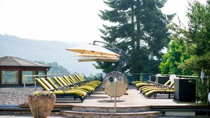 A poolside area with sun loungers, umbrellas, and a decorative metal sculpture. - Junior Suite - Hotel Freund (Vöhl)