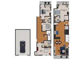 A hotel layout with two bedrooms, a kitchen, a dining area, and a parking space.