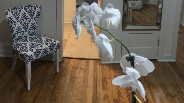 A room with a patterned chair, a white orchid, a mirror, and a door leading to another room with a bed and a chair.