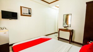 Habitación de hotel con cama, televisión, equipo de aire acondicionado, espejo y una pequeña mesa con un florero.