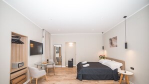 Una habitación de hotel moderna con cama, televisor, escritorio y espejo.