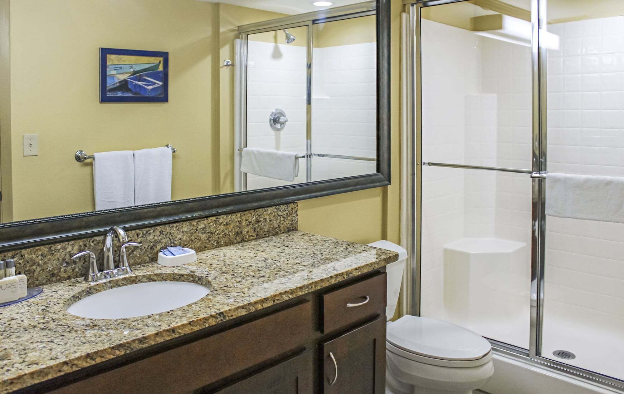 A bathroom with a granite countertop, a sink, a mirror, a shower enclosure, and a toilet.