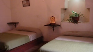 Una habitación con dos camas, una mesita con una lámpara, un estante en la pared con una planta y un cuadro enmarcado.
