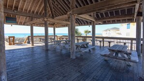 En træterrasse med picnicborde og udsigt til stranden.