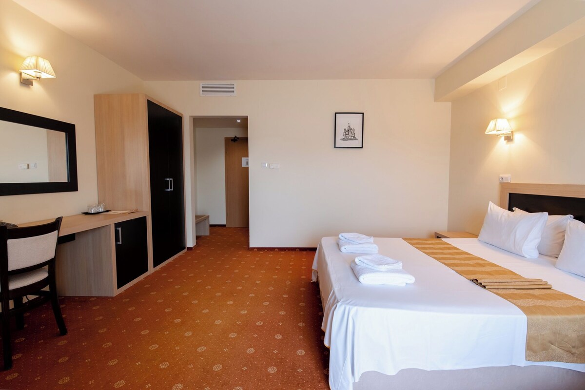 Una habitación de hotel con cama, escritorio, silla, armario y puerta del baño.