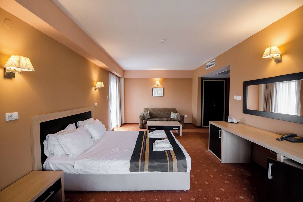 A hotel room with a bed, a desk, a chair, and a sofa.